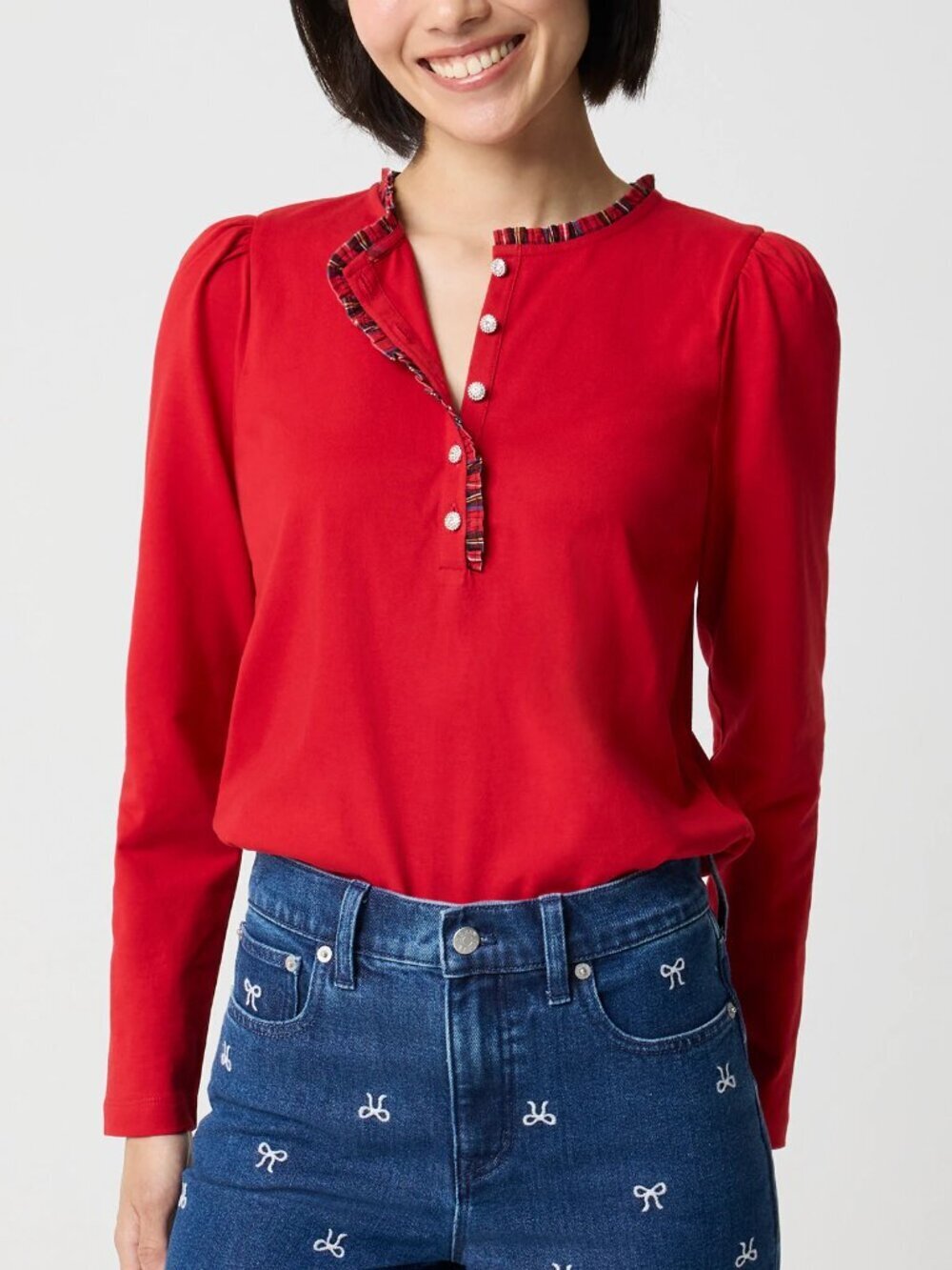 J. Crew Tartan Ruffles Trim Jewel Henley Long Sleeve Top Red Size L NWT